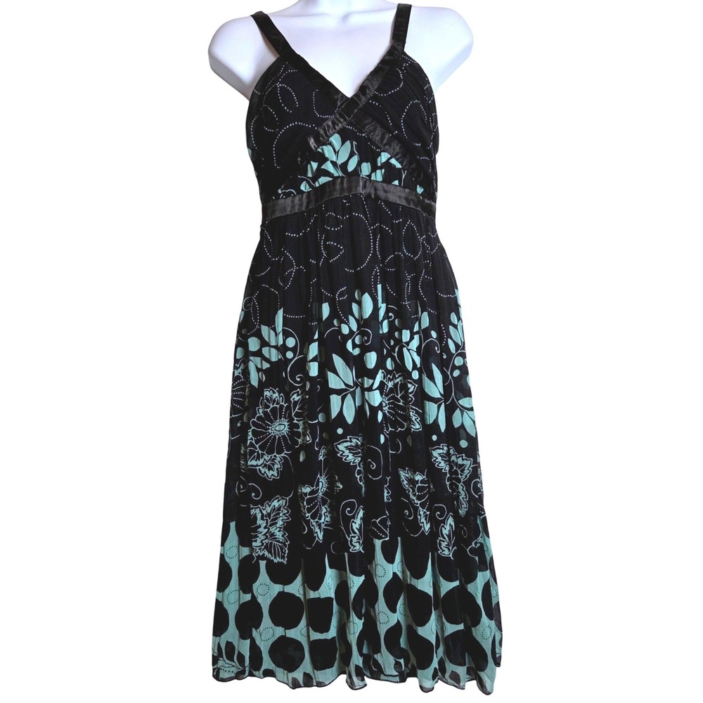 Y2K Babydoll Empire Waist Floral Polka Dot Midi Dress Black Mint Whimsigoth